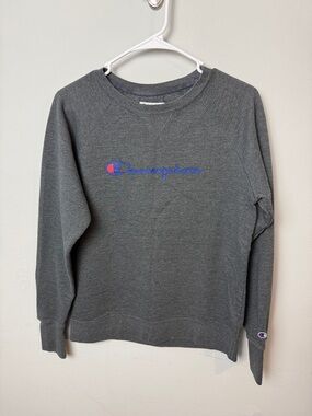 Champion Dark Gray Sweatshirt with Blue Script and Red Accent